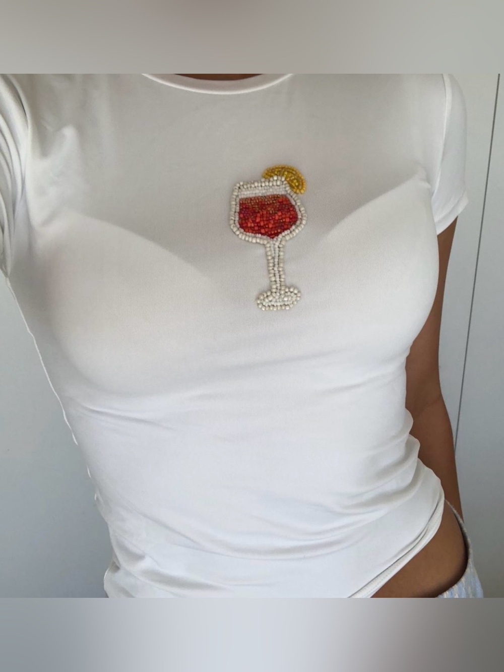 Women's White Crewneck Baby Tee with Beaded Cocktail Motif